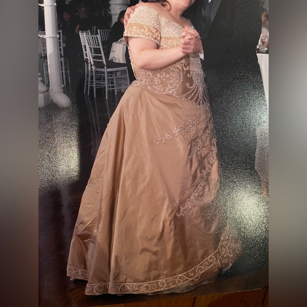 Claire’s collection golden gown with optional cape custom made gown ( for 5’1)